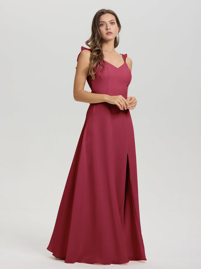 V-Neck Straps Back Tie Floor Length Chiffon Bridesmaid Dress with Slit