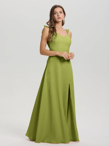V-Neck Straps Back Tie Floor Length Chiffon Bridesmaid Dress with Slit