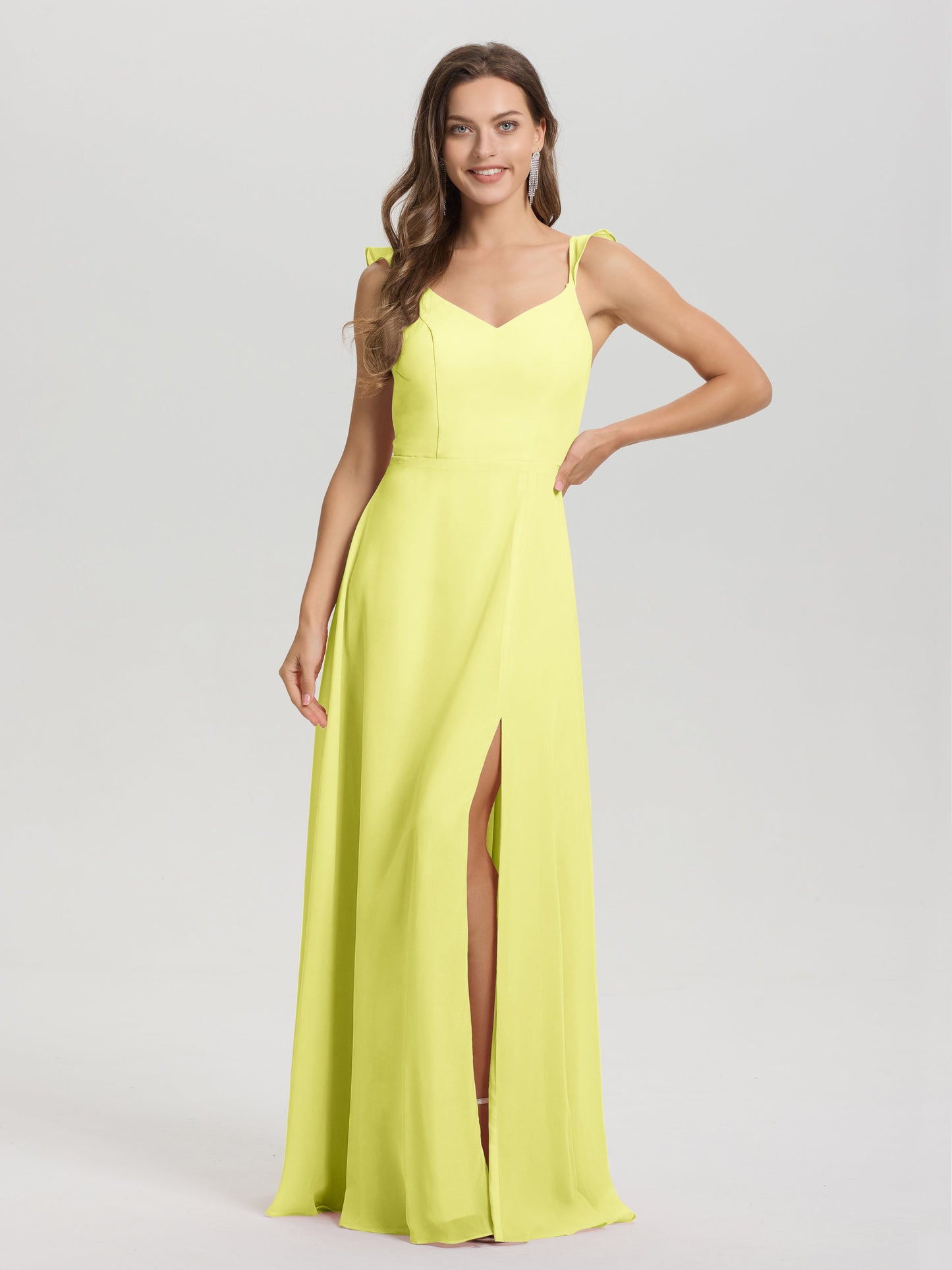V-Neck Straps Back Tie Floor Length Chiffon Bridesmaid Dress with Slit