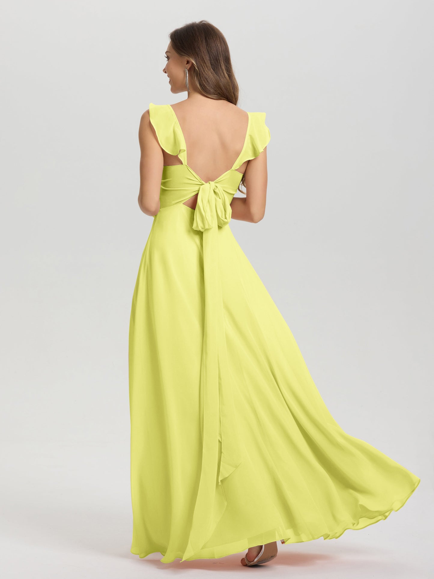 V-Neck Straps Back Tie Floor Length Chiffon Bridesmaid Dress with Slit