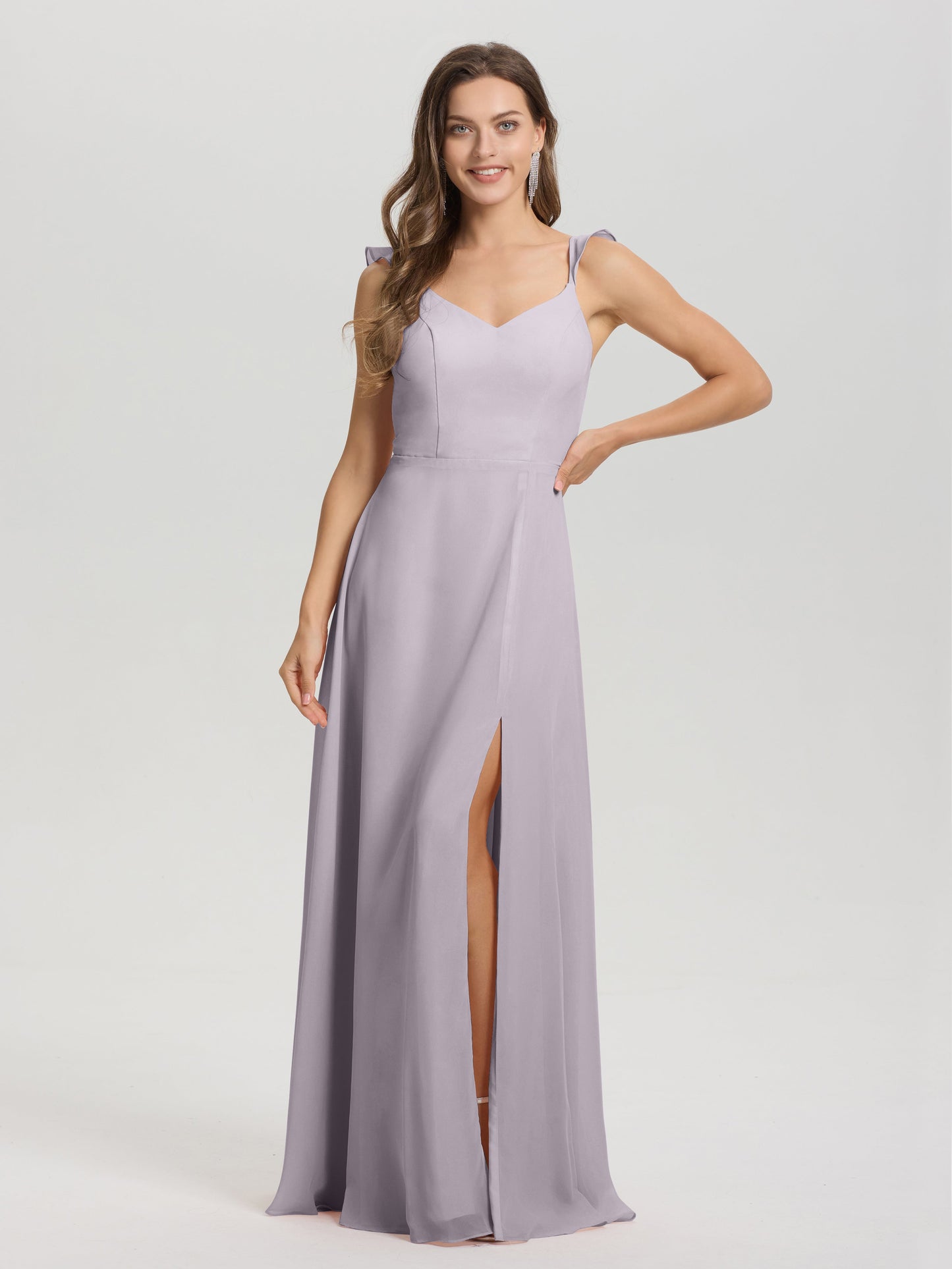 V-Neck Straps Back Tie Floor Length Chiffon Bridesmaid Dress with Slit