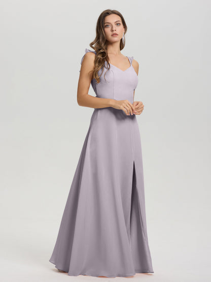 V-Neck Straps Back Tie Floor Length Chiffon Bridesmaid Dress with Slit