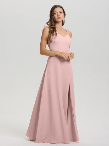 V-Neck Straps Back Tie Floor Length Chiffon Bridesmaid Dress with Slit