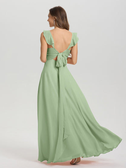 V-Neck Straps Back Tie Floor Length Chiffon Bridesmaid Dress with Slit
