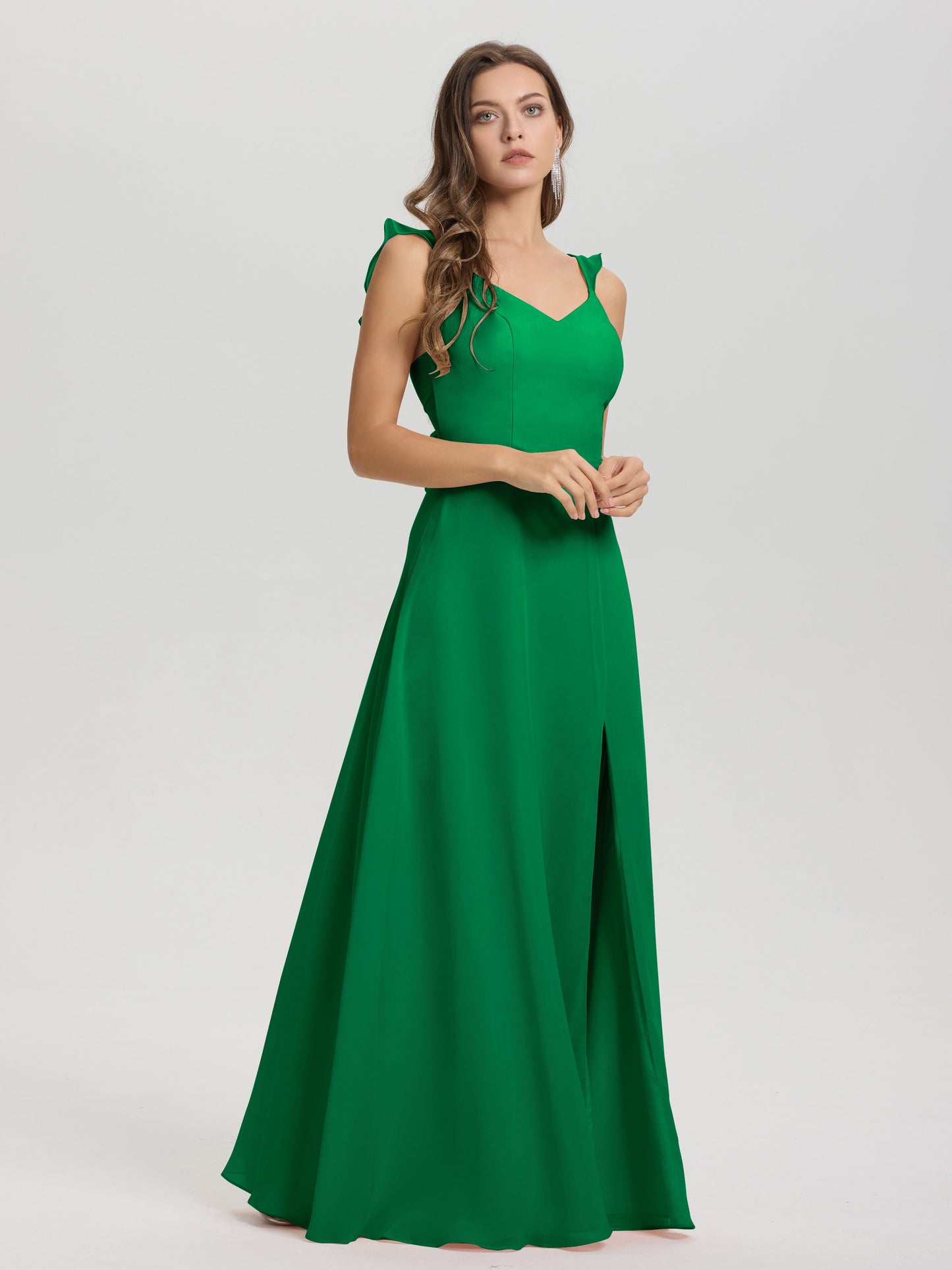 V-Neck Straps Back Tie Floor Length Chiffon Bridesmaid Dress with Slit