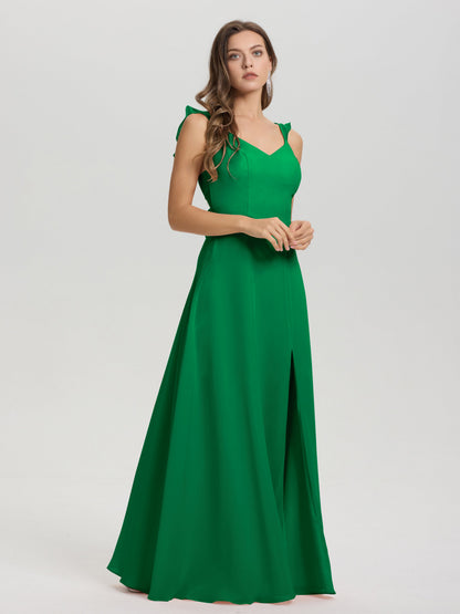 V-Neck Straps Back Tie Floor Length Chiffon Bridesmaid Dress with Slit