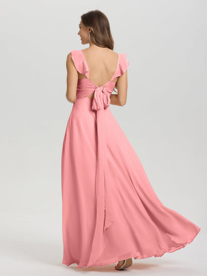 V-Neck Straps Back Tie Floor Length Chiffon Bridesmaid Dress with Slit