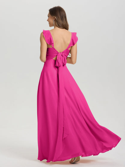 V-Neck Straps Back Tie Floor Length Chiffon Bridesmaid Dress with Slit