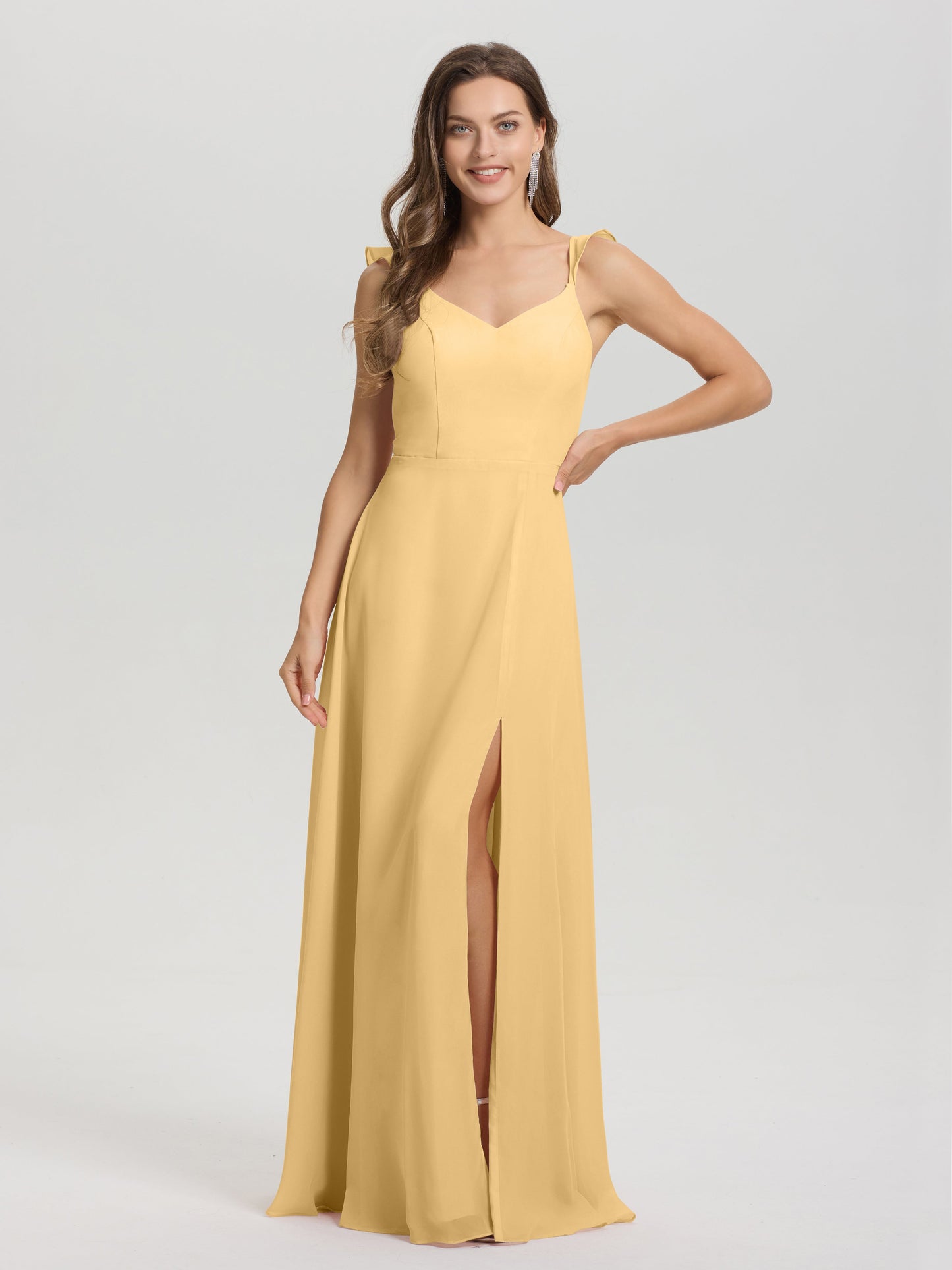 V-Neck Straps Back Tie Floor Length Chiffon Bridesmaid Dress with Slit