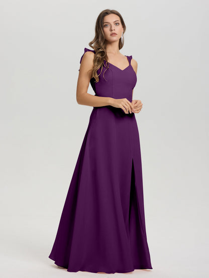 V-Neck Straps Back Tie Floor Length Chiffon Bridesmaid Dress with Slit