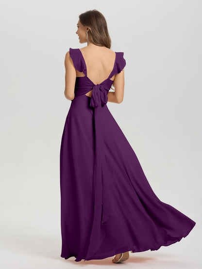 V-Neck Straps Back Tie Floor Length Chiffon Bridesmaid Dress with Slit
