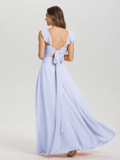 V-Neck Straps Back Tie Floor Length Chiffon Bridesmaid Dress with Slit