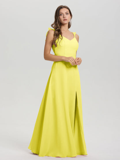 V-Neck Straps Back Tie Floor Length Chiffon Bridesmaid Dress with Slit