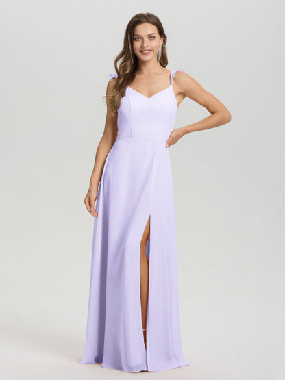 V-Neck Straps Back Tie Floor Length Chiffon Bridesmaid Dress with Slit
