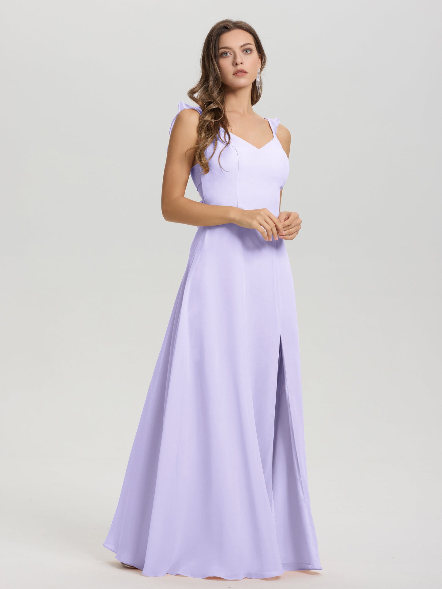 V-Neck Straps Back Tie Floor Length Chiffon Bridesmaid Dress with Slit