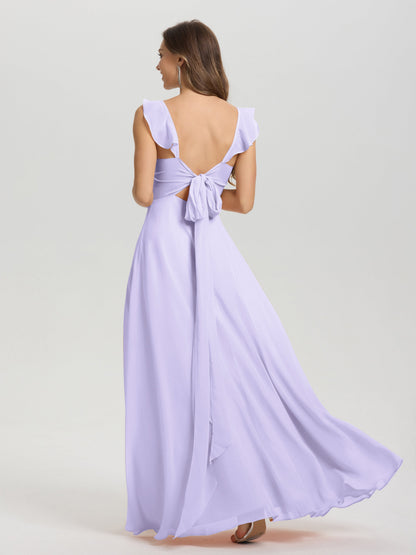 V-Neck Straps Back Tie Floor Length Chiffon Bridesmaid Dress with Slit