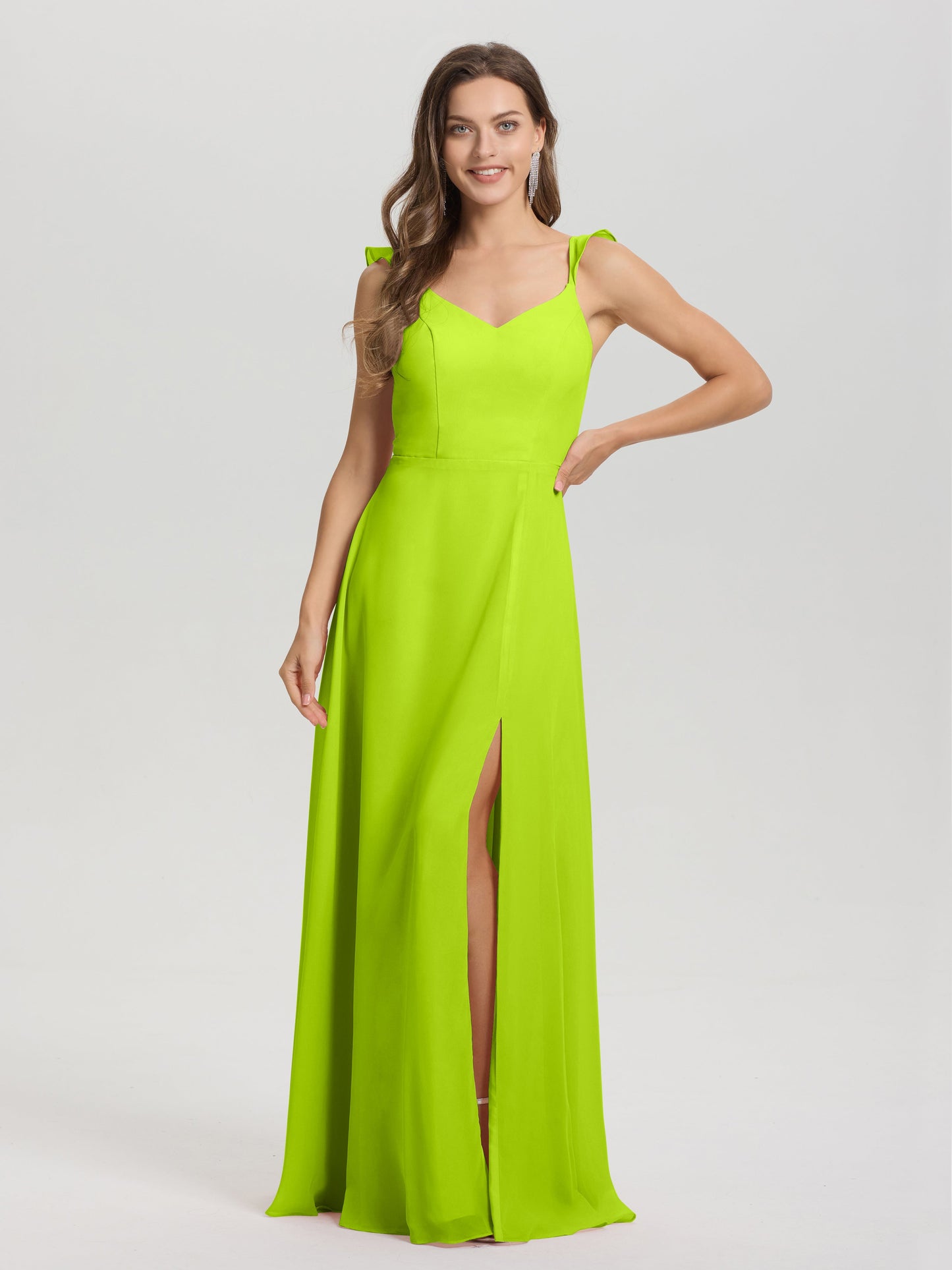 V-Neck Straps Back Tie Floor Length Chiffon Bridesmaid Dress with Slit