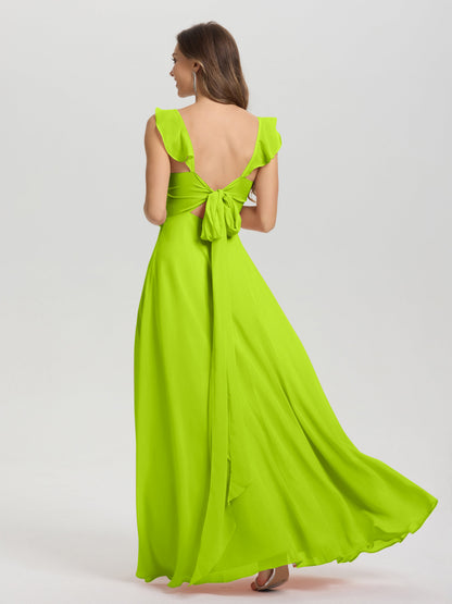 V-Neck Straps Back Tie Floor Length Chiffon Bridesmaid Dress with Slit