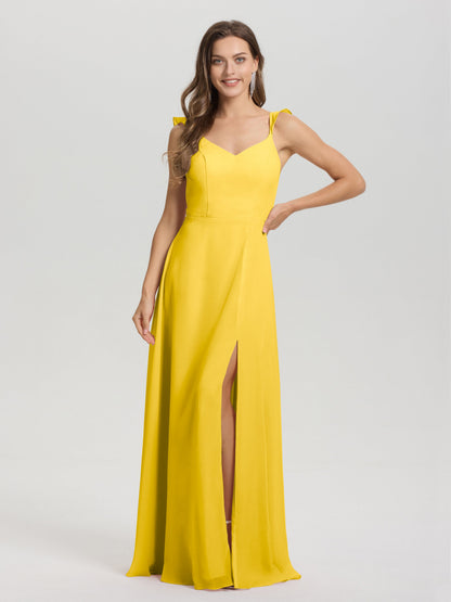 V-Neck Straps Back Tie Floor Length Chiffon Bridesmaid Dress with Slit
