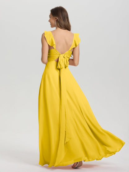 V-Neck Straps Back Tie Floor Length Chiffon Bridesmaid Dress with Slit