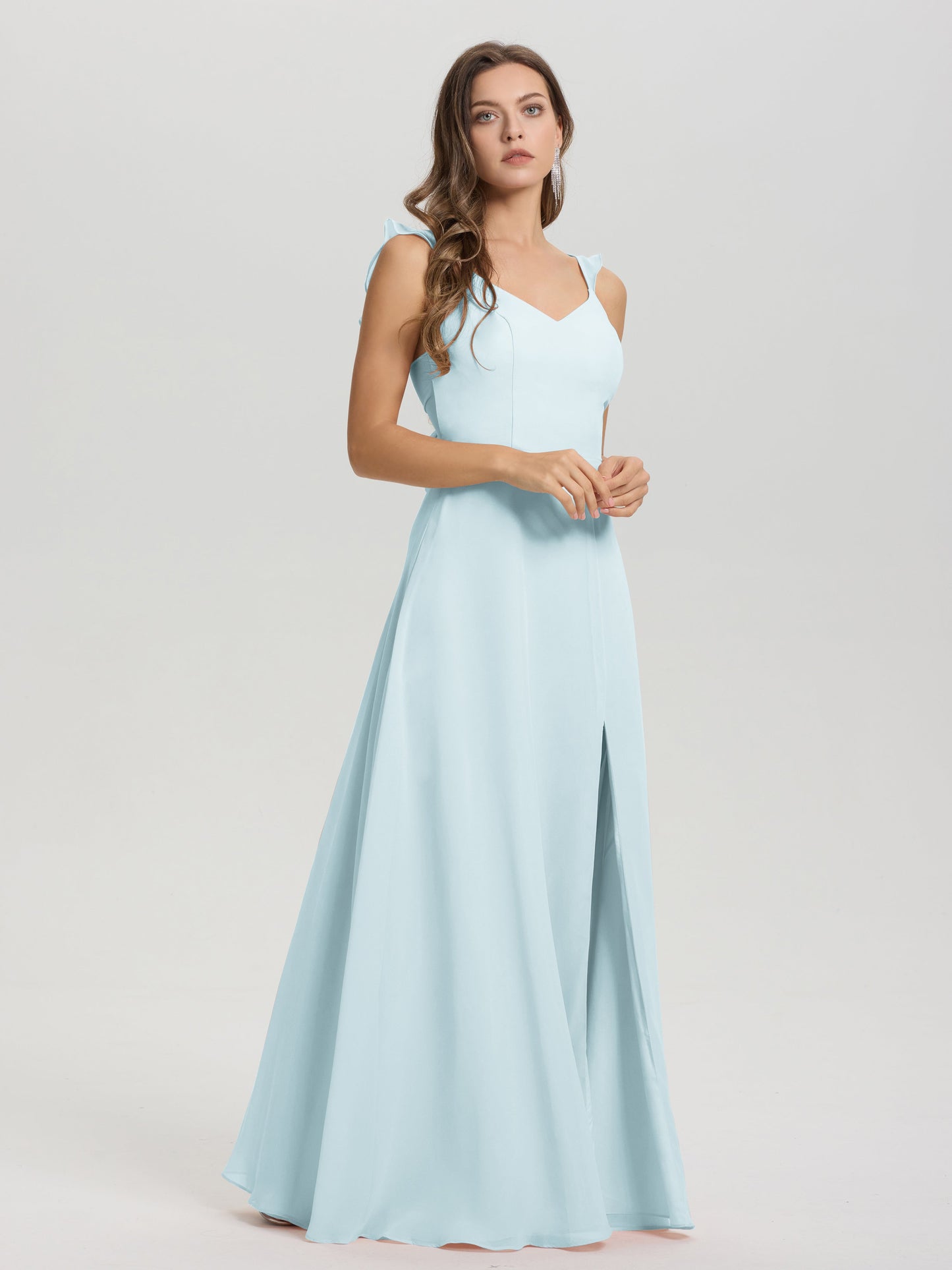 V-Neck Straps Back Tie Floor Length Chiffon Bridesmaid Dress with Slit