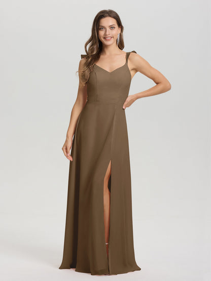 V-Neck Straps Back Tie Floor Length Chiffon Bridesmaid Dress with Slit