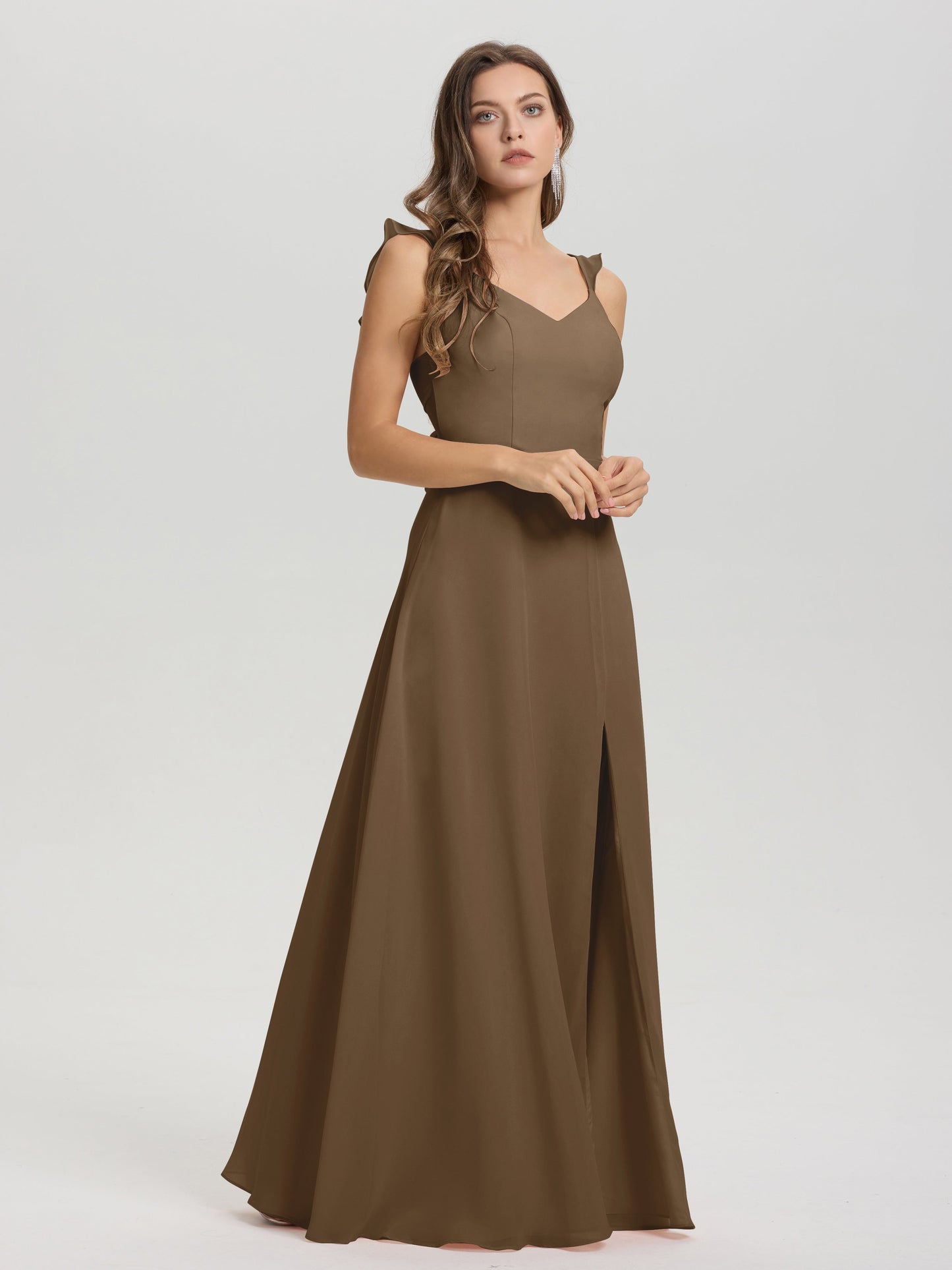 V-Neck Straps Back Tie Floor Length Chiffon Bridesmaid Dress with Slit