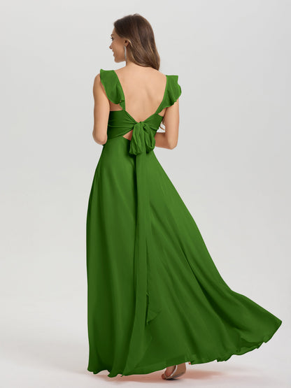 V-Neck Straps Back Tie Floor Length Chiffon Bridesmaid Dress with Slit