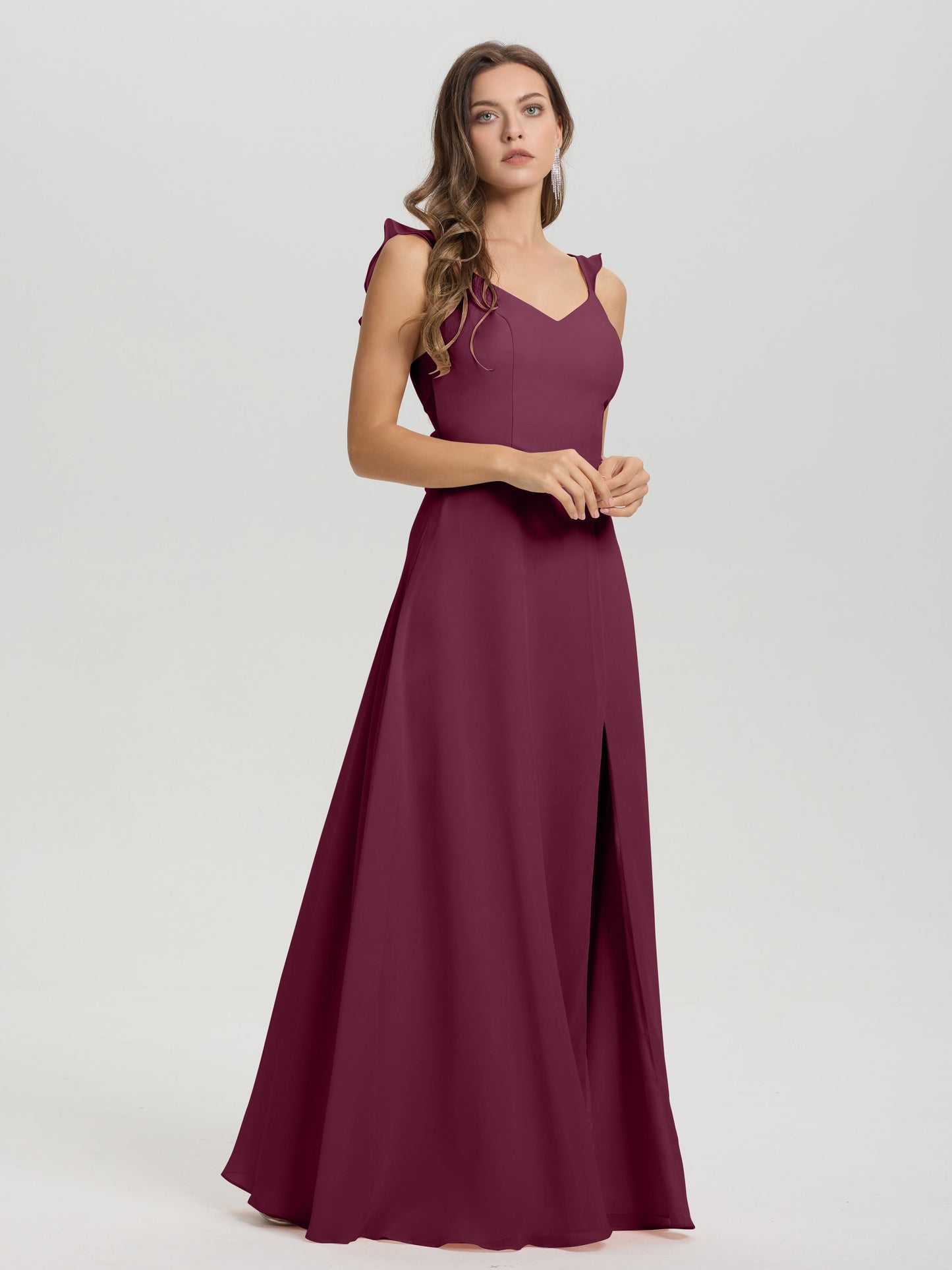 V-Neck Straps Back Tie Floor Length Chiffon Bridesmaid Dress with Slit