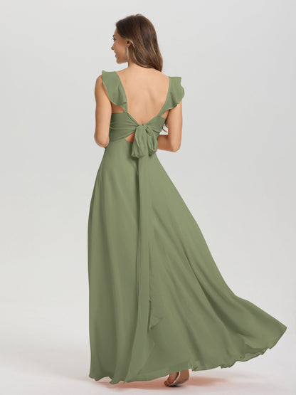 V-Neck Straps Back Tie Floor Length Chiffon Bridesmaid Dress with Slit