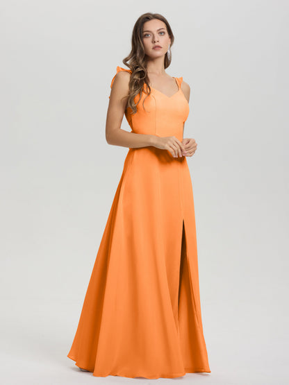 V-Neck Straps Back Tie Floor Length Chiffon Bridesmaid Dress with Slit