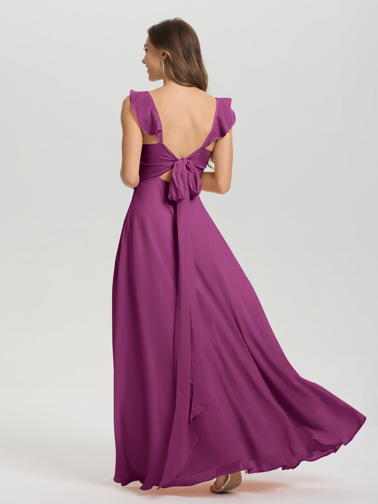 V-Neck Straps Back Tie Floor Length Chiffon Bridesmaid Dress with Slit