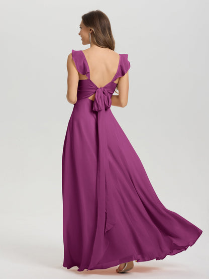 V-Neck Straps Back Tie Floor Length Chiffon Bridesmaid Dress with Slit