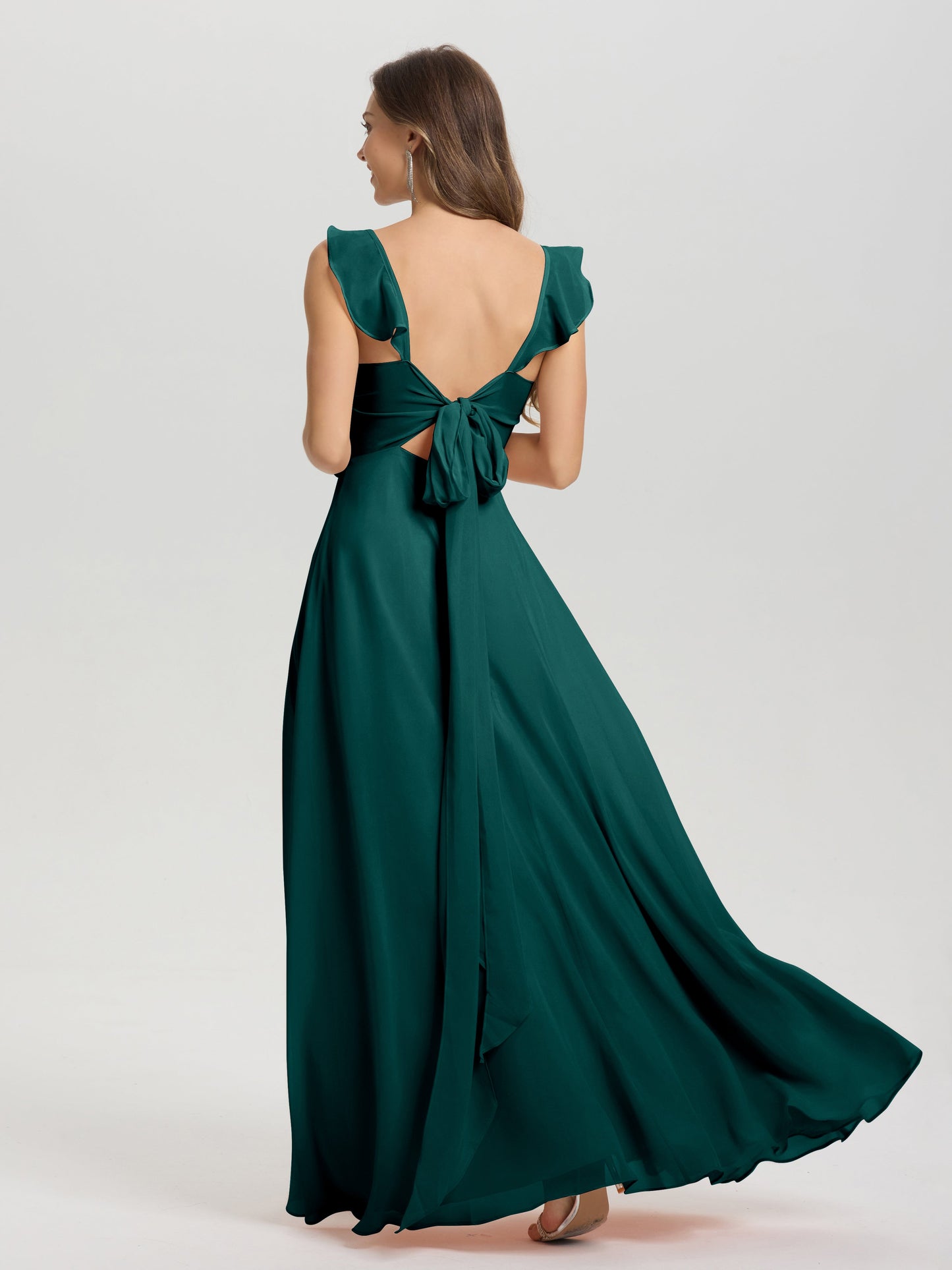 V-Neck Straps Back Tie Floor Length Chiffon Bridesmaid Dress with Slit