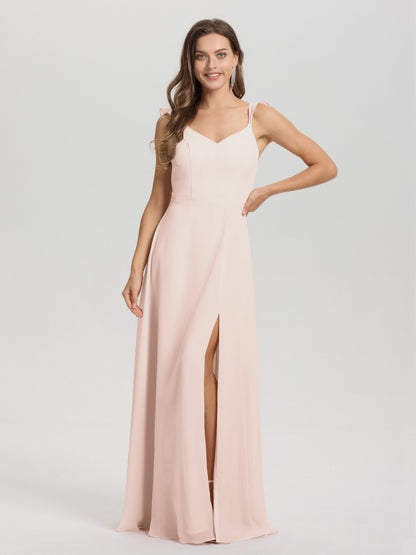 V-Neck Straps Back Tie Floor Length Chiffon Bridesmaid Dress with Slit