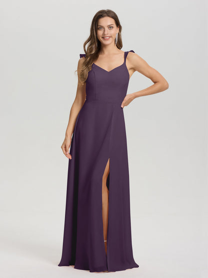 V-Neck Straps Back Tie Floor Length Chiffon Bridesmaid Dress with Slit
