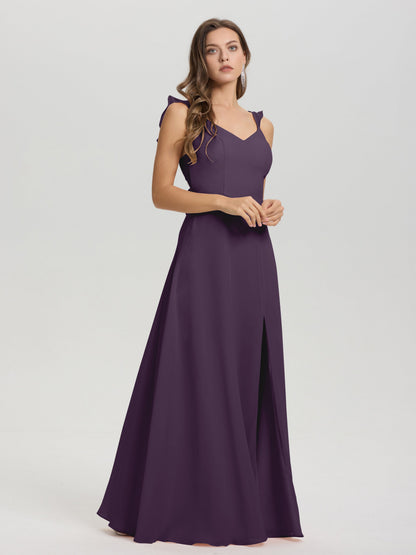 V-Neck Straps Back Tie Floor Length Chiffon Bridesmaid Dress with Slit