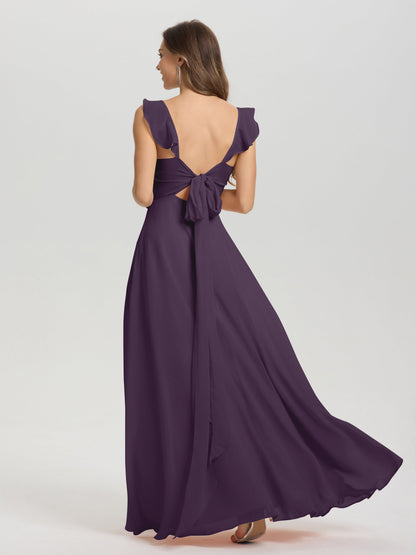 V-Neck Straps Back Tie Floor Length Chiffon Bridesmaid Dress with Slit