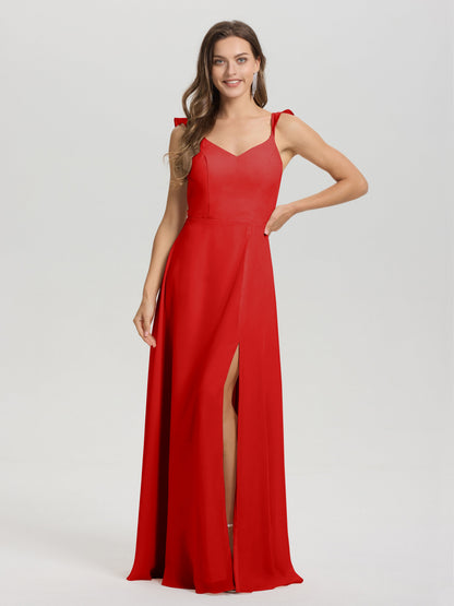 V-Neck Straps Back Tie Floor Length Chiffon Bridesmaid Dress with Slit