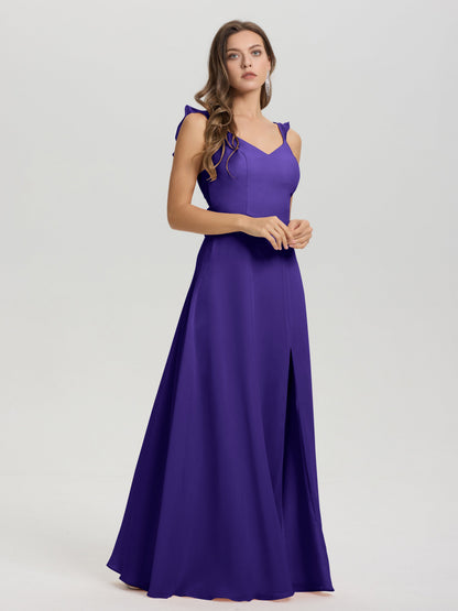 V-Neck Straps Back Tie Floor Length Chiffon Bridesmaid Dress with Slit