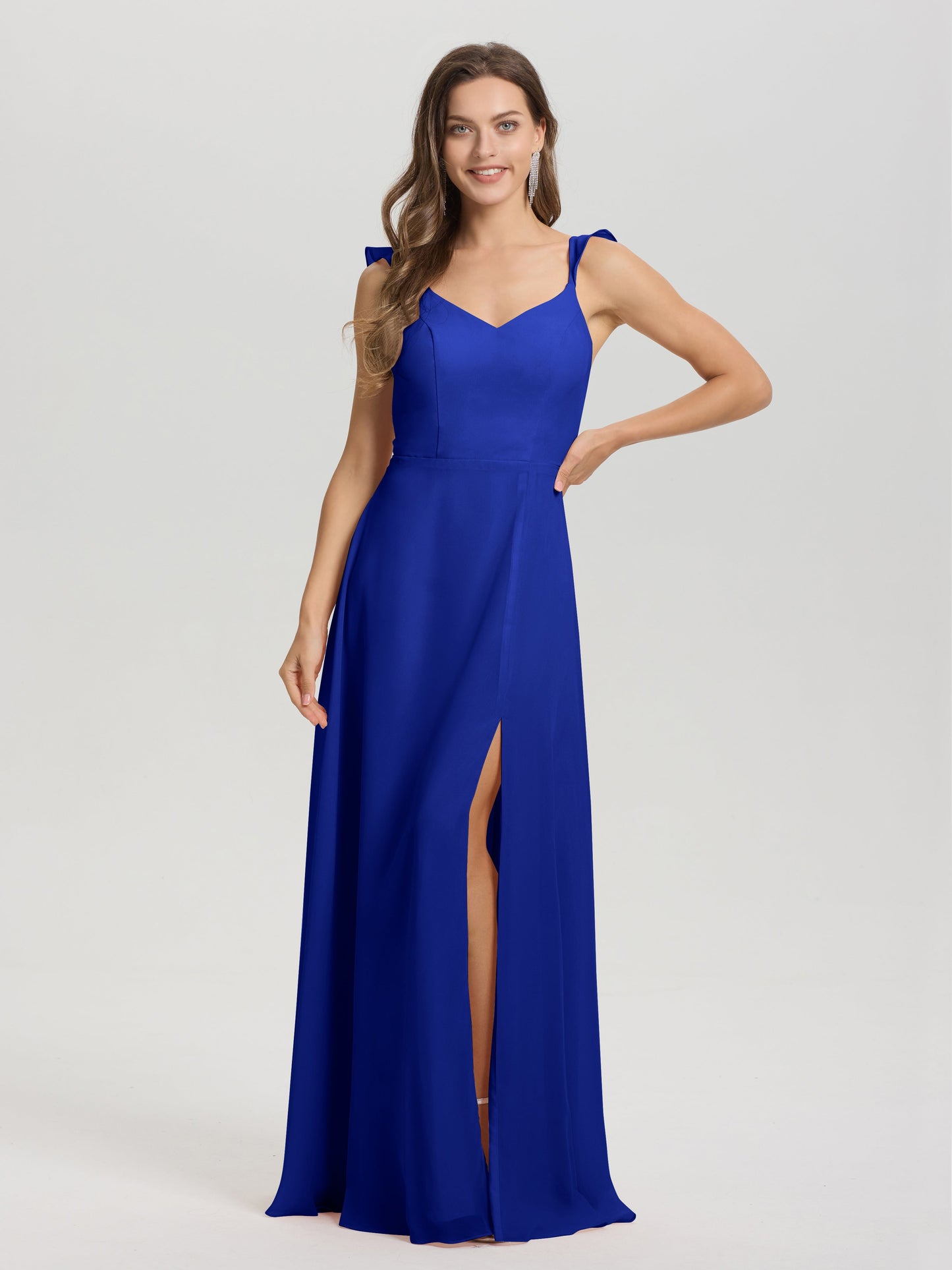 V-Neck Straps Back Tie Floor Length Chiffon Bridesmaid Dress with Slit