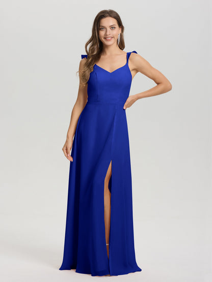 V-Neck Straps Back Tie Floor Length Chiffon Bridesmaid Dress with Slit