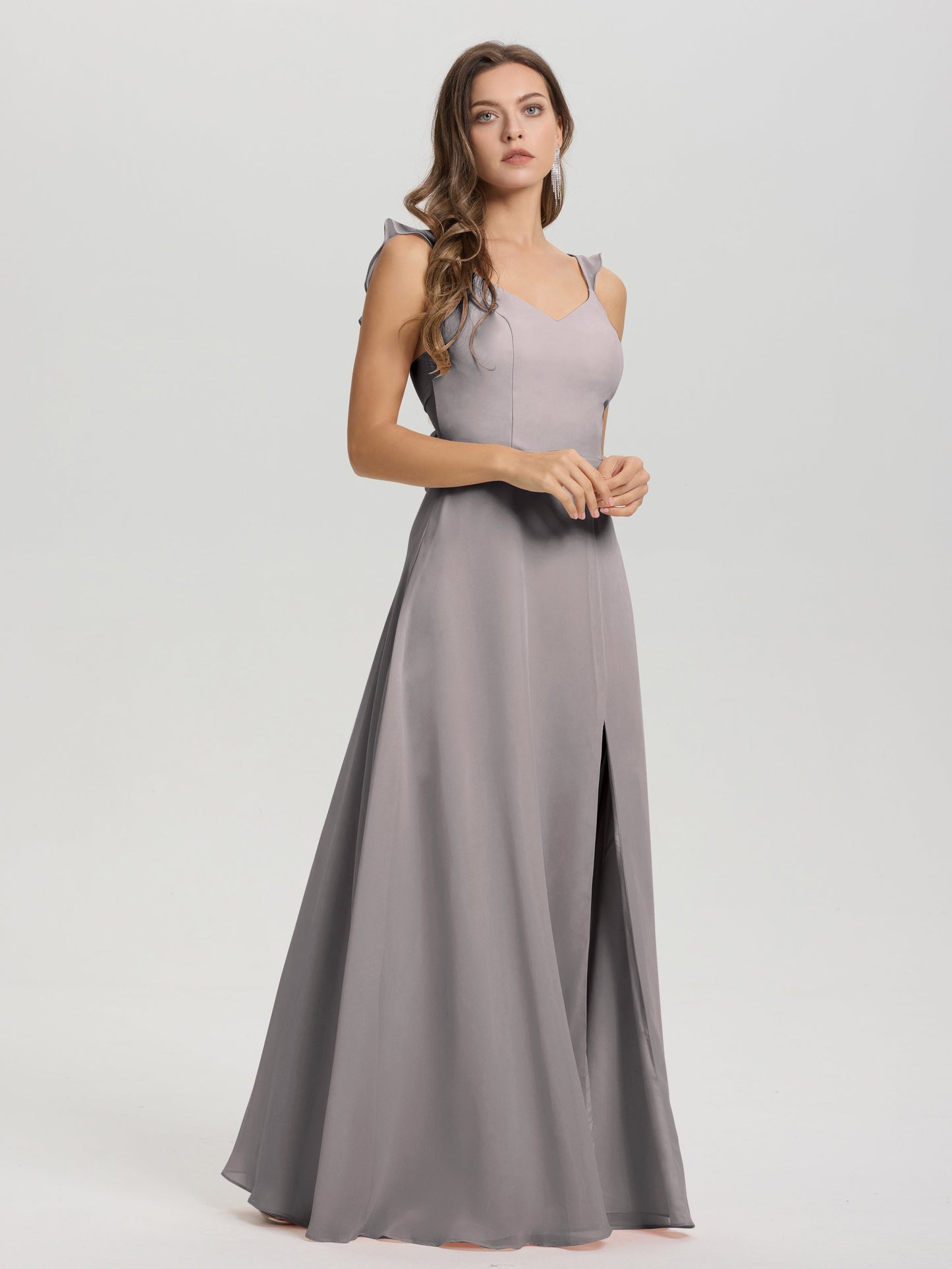 V-Neck Straps Back Tie Floor Length Chiffon Bridesmaid Dress with Slit