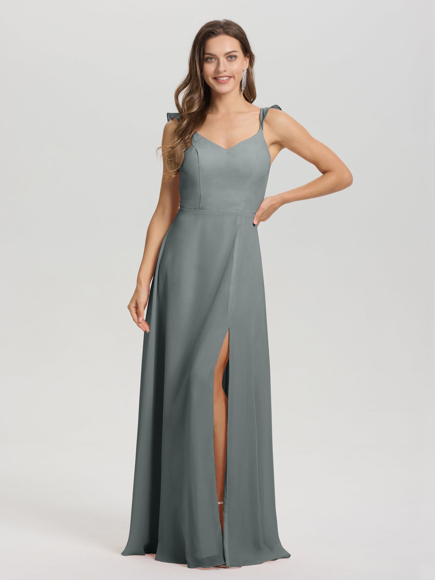 V-Neck Straps Back Tie Floor Length Chiffon Bridesmaid Dress with Slit