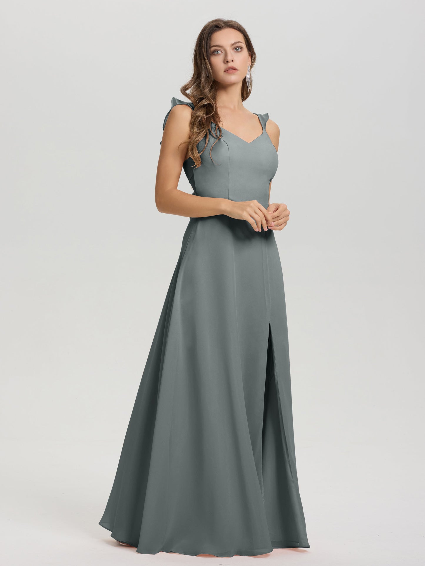 V-Neck Straps Back Tie Floor Length Chiffon Bridesmaid Dress with Slit