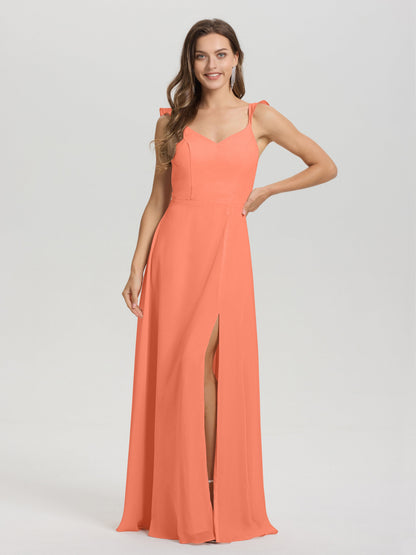 V-Neck Straps Back Tie Floor Length Chiffon Bridesmaid Dress with Slit
