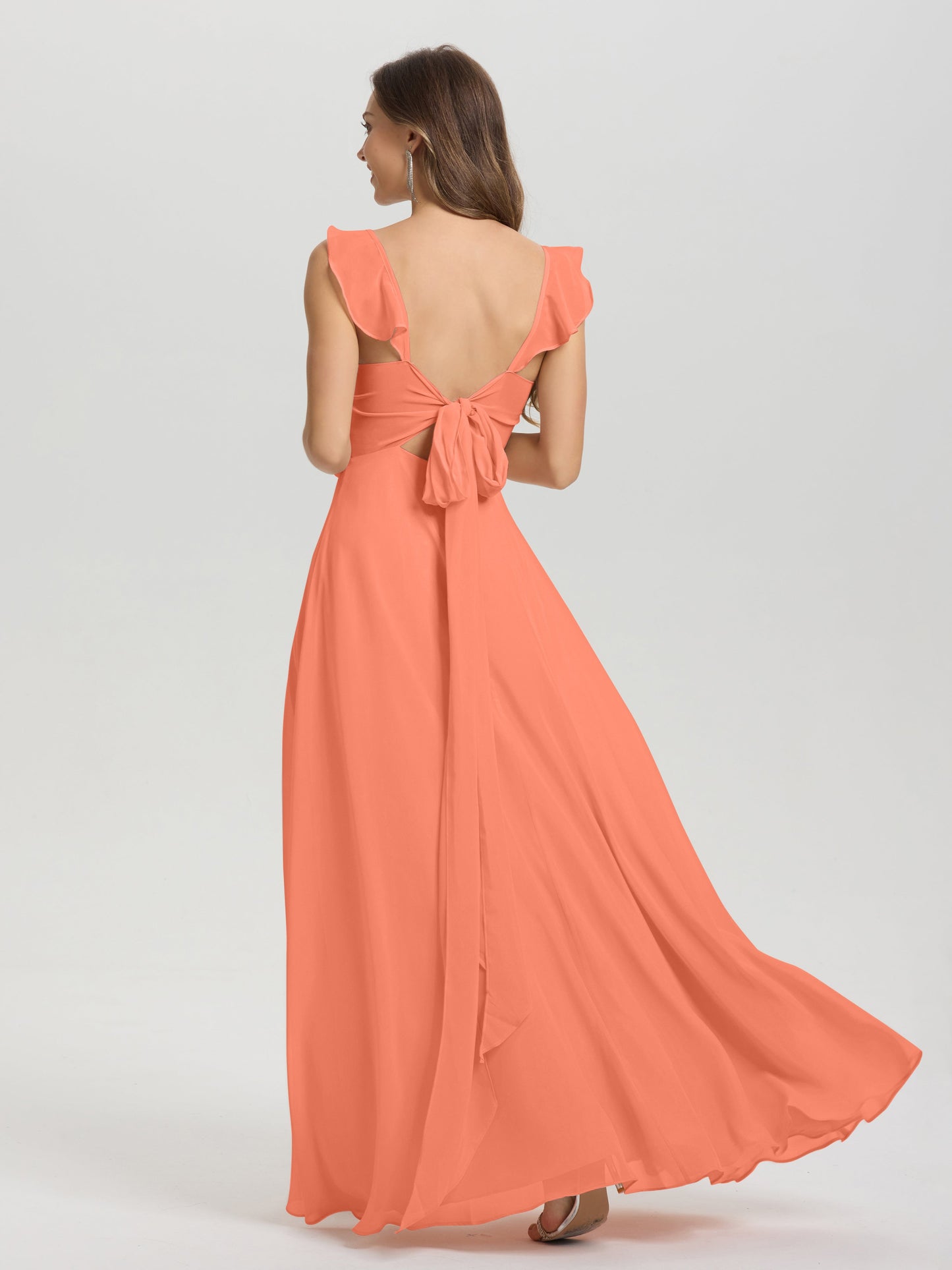 V-Neck Straps Back Tie Floor Length Chiffon Bridesmaid Dress with Slit