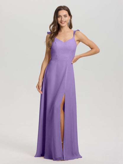 V-Neck Straps Back Tie Floor Length Chiffon Bridesmaid Dress with Slit