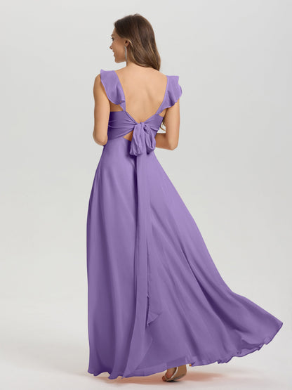 V-Neck Straps Back Tie Floor Length Chiffon Bridesmaid Dress with Slit