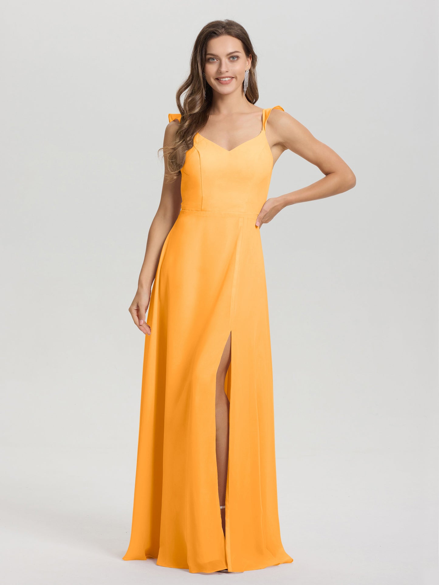 V-Neck Straps Back Tie Floor Length Chiffon Bridesmaid Dress with Slit
